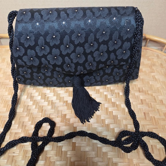 Vintage Inge Christopher‎ Floral Evening Bag with Tassel Black Party Purse - Picture 1 of 12